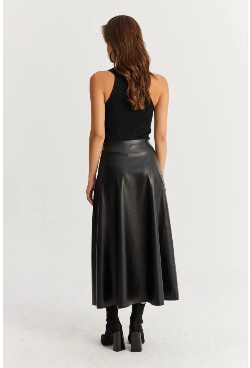 Kadın Siyah Suni Deri Çan Etek ELA113