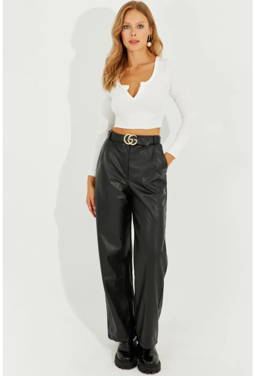 Kadın Siyah Suni Deri Cepli Pantolon RMZ21098