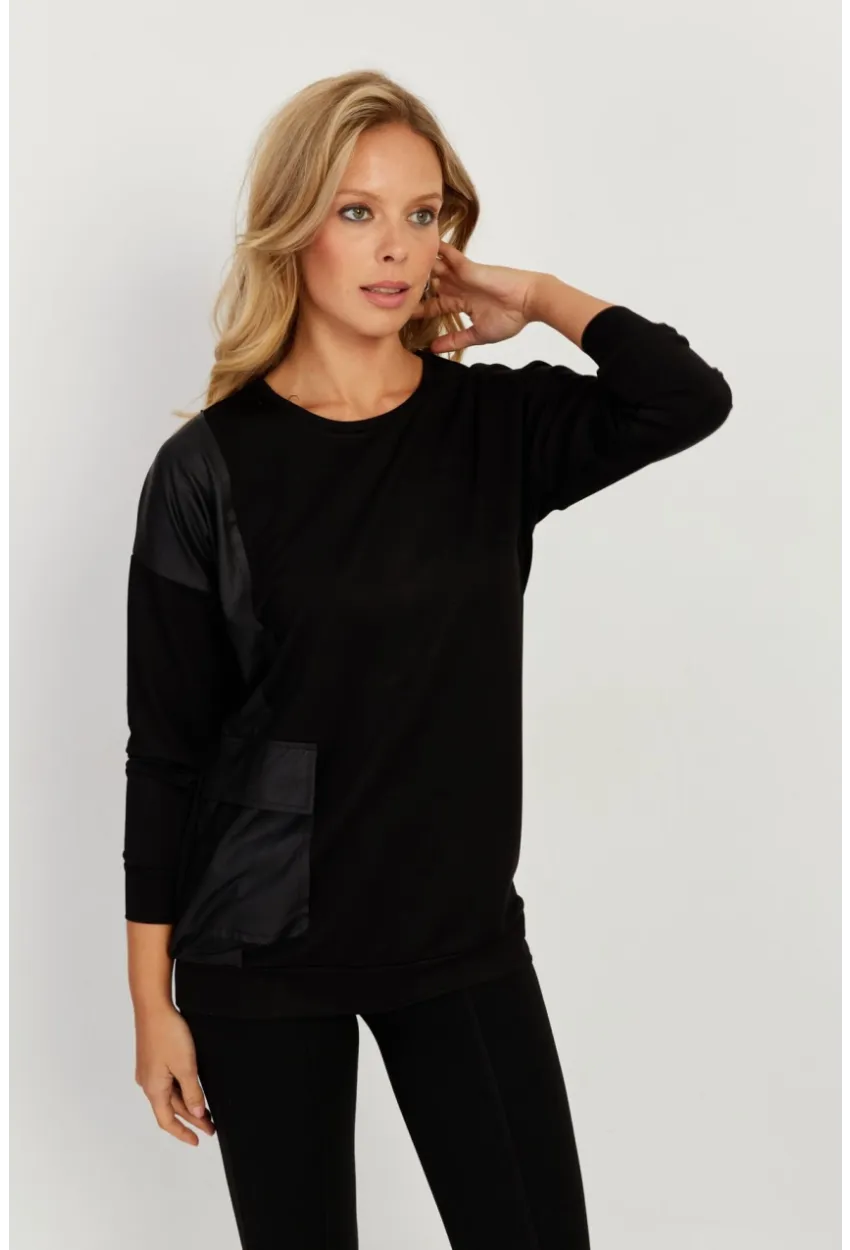 Kadın Siyah Suni Deri Cepli Sweatshirt ST829