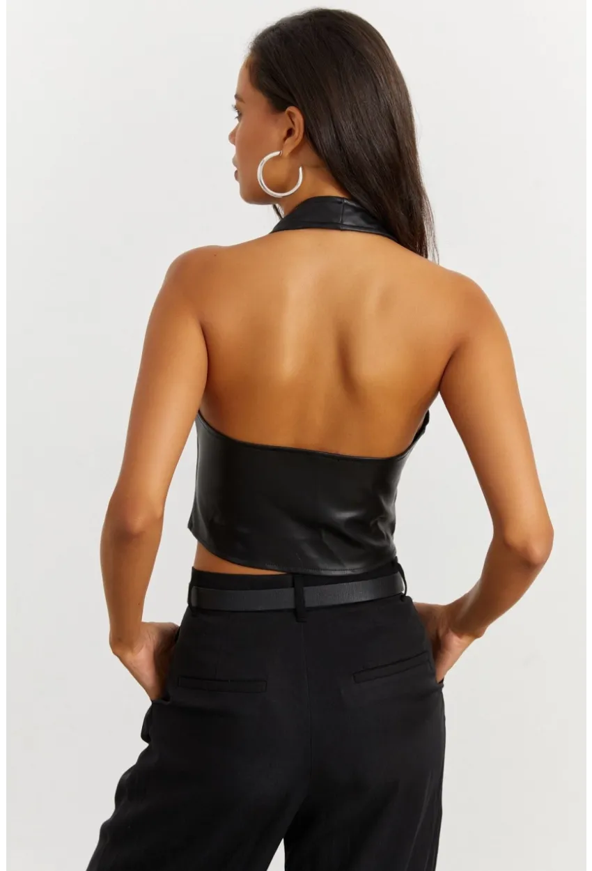 Kadın Siyah Suni Deri Crop Yelek NH41