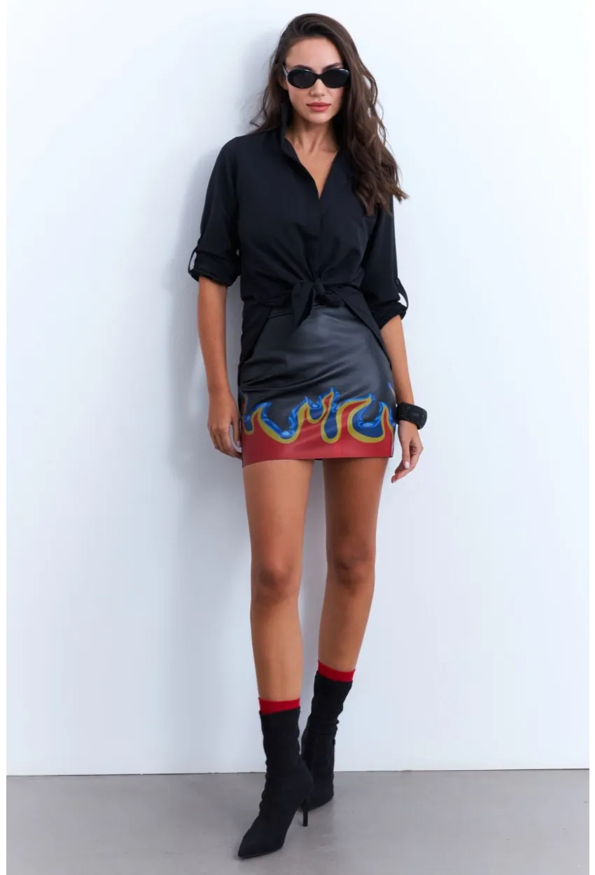 Kadın Siyah Suni Deri Desenli Mini Etek NH92