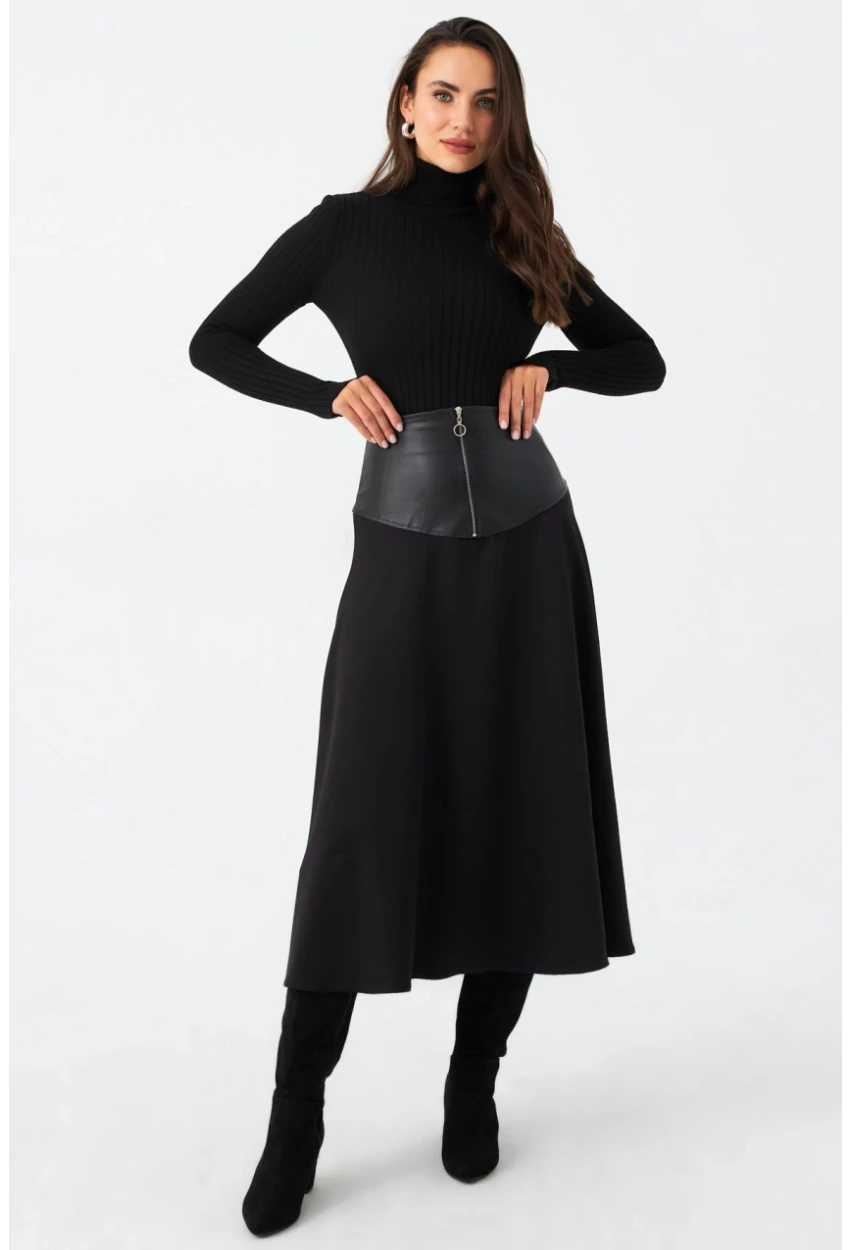Kadın Siyah Suni Deri Detaylı Çan Etek MNH500
