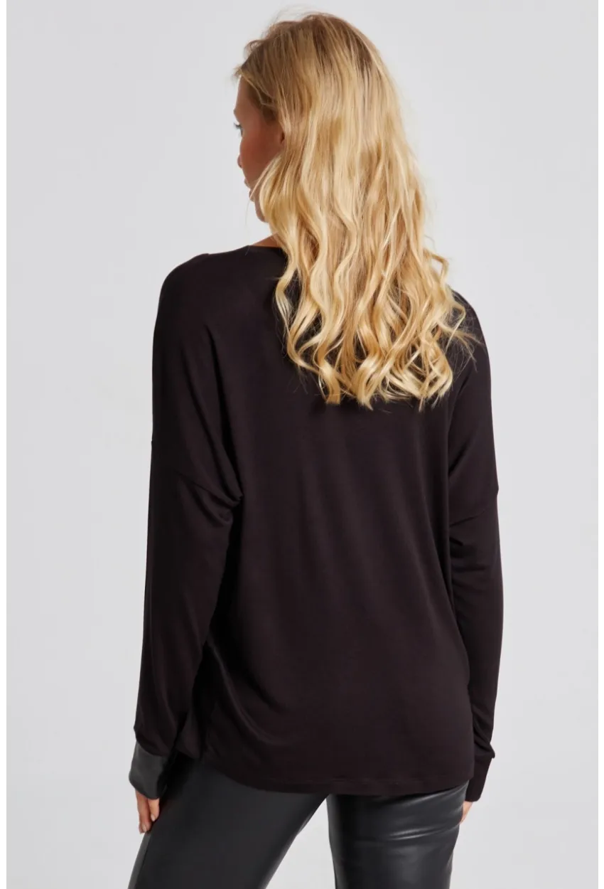 Kadın Siyah Suni Deri Detaylı Salaş Bluz ST827