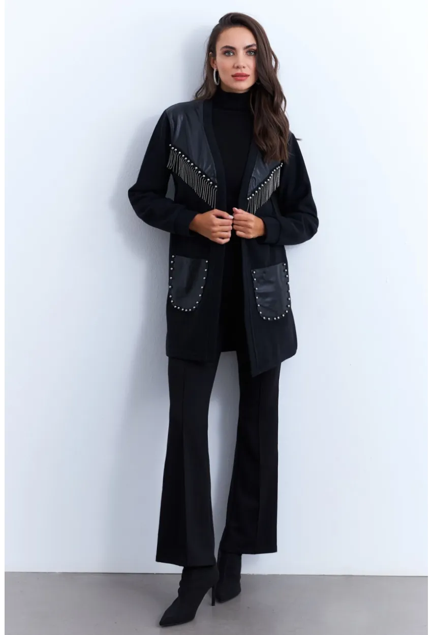 Kadın Siyah Suni Deri Detaylı Zımbalı Hırka MPK809