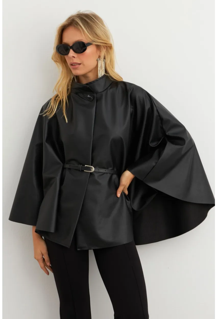 Kadın Siyah Suni Deri Kemerli Panço ELA3084-90