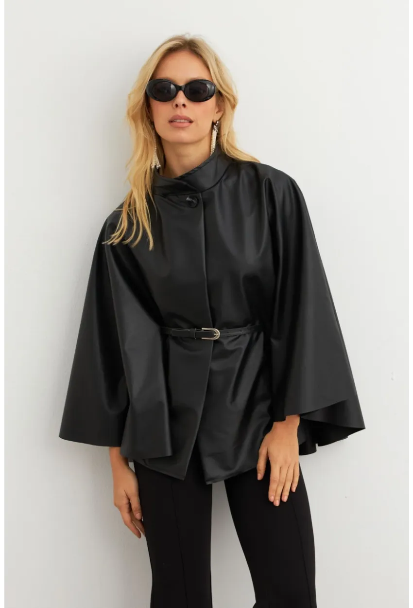 Kadın Siyah Suni Deri Kemerli Panço ELA3084-90