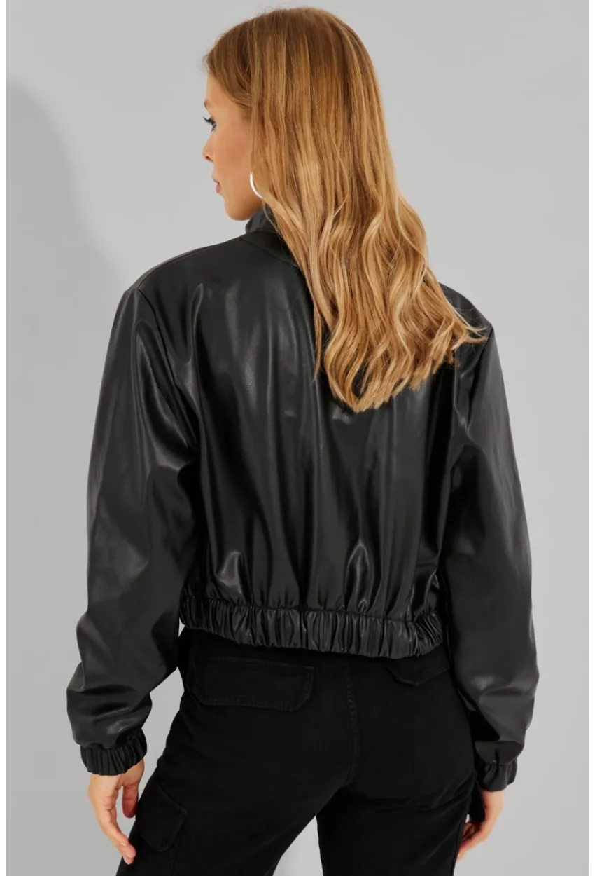 Kadın Siyah Suni Deri Kısa Bomber Ceket LST57