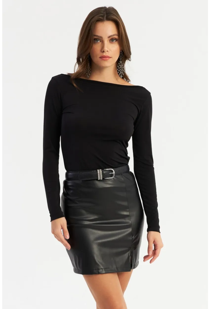 Kadın Siyah Suni Deri Mini Etek FRY2242