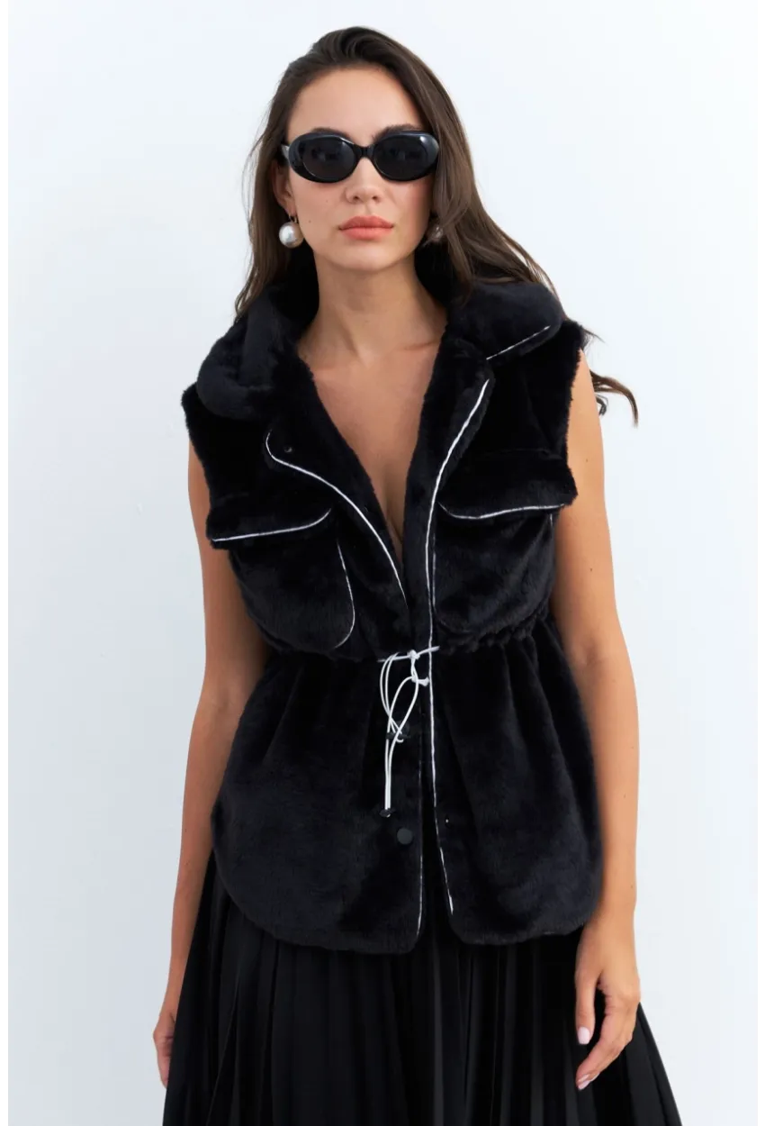 Kadın Siyah Suni Kürk Cepli Yelek MK66