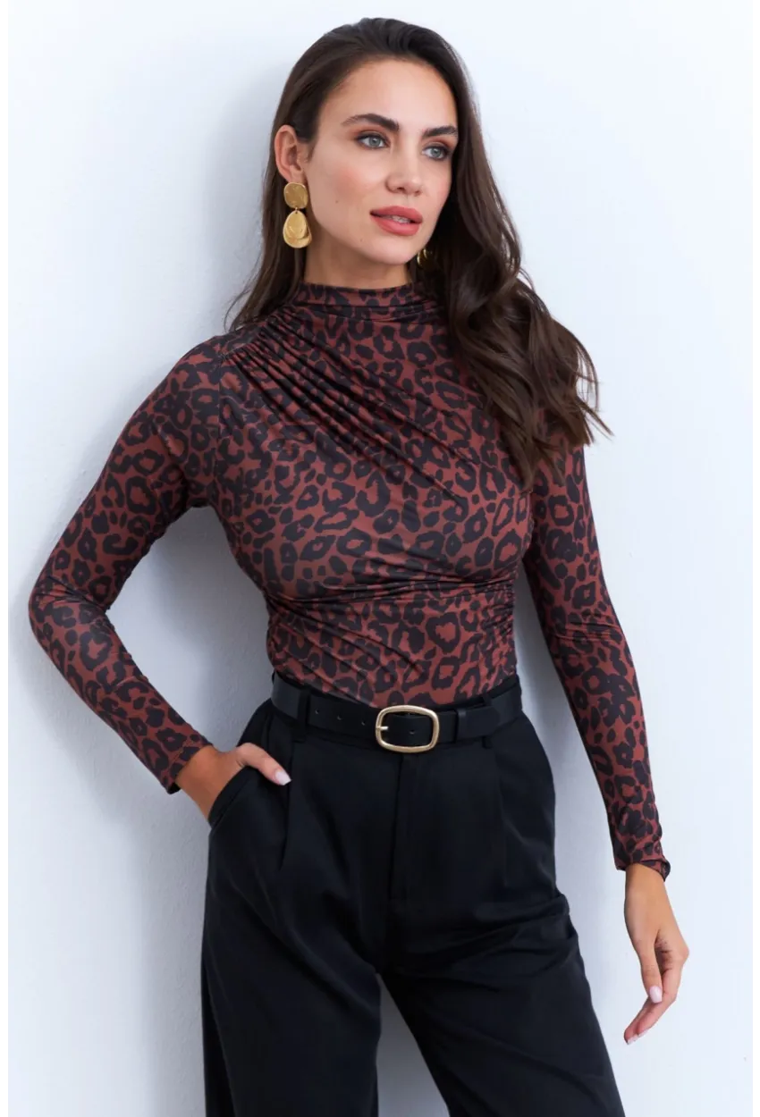 Kadın Siyah-Taba Desenli Büzgülü Bluz LPP1279
