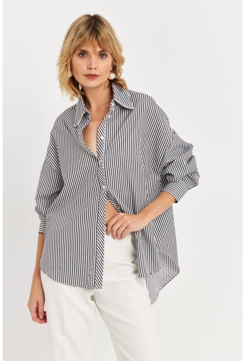 Kadın Siyah Taş Detaylı Çizgili Gömlek KED4088