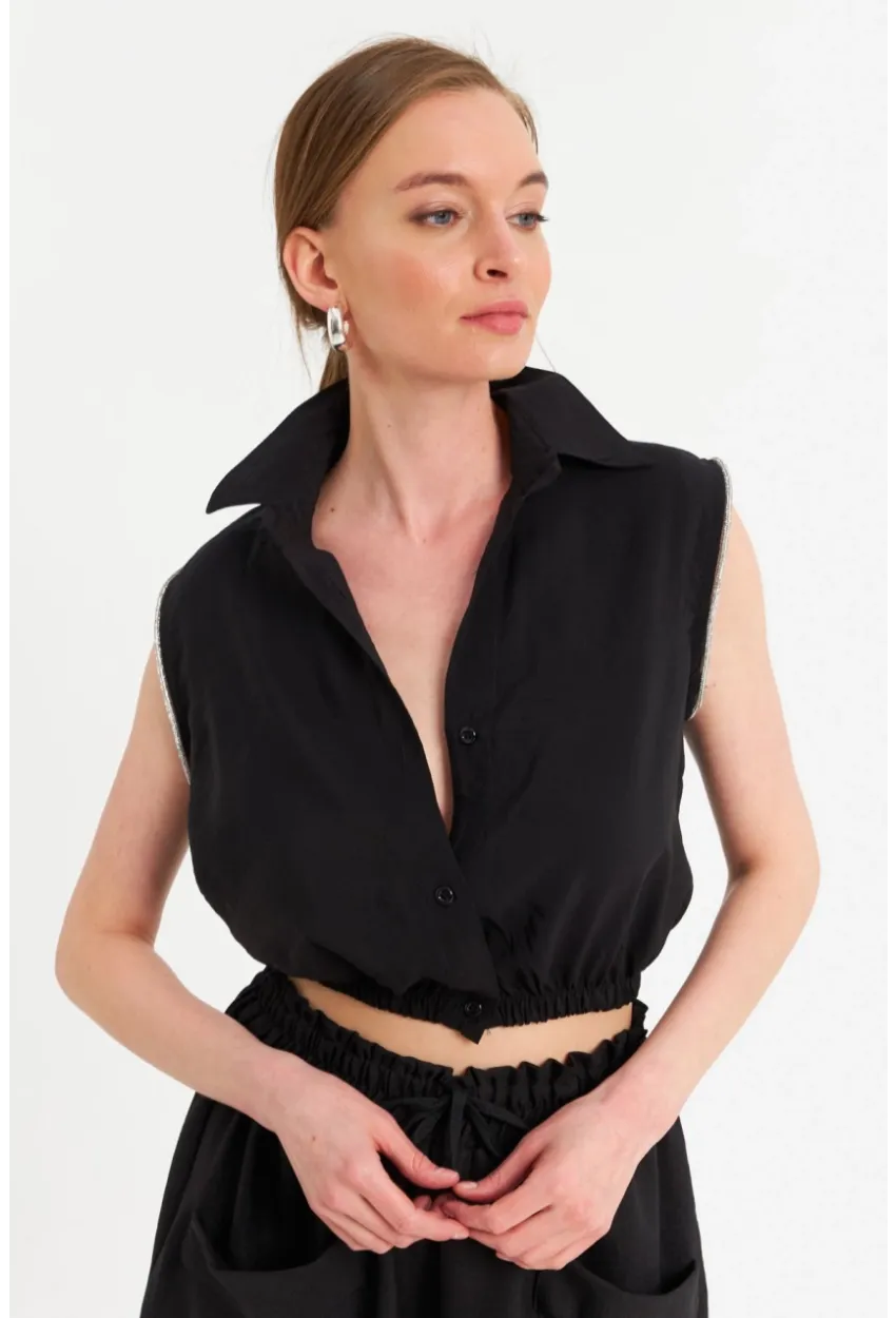 Kadın Siyah Taş Detaylı Crop Gömlek SUN200