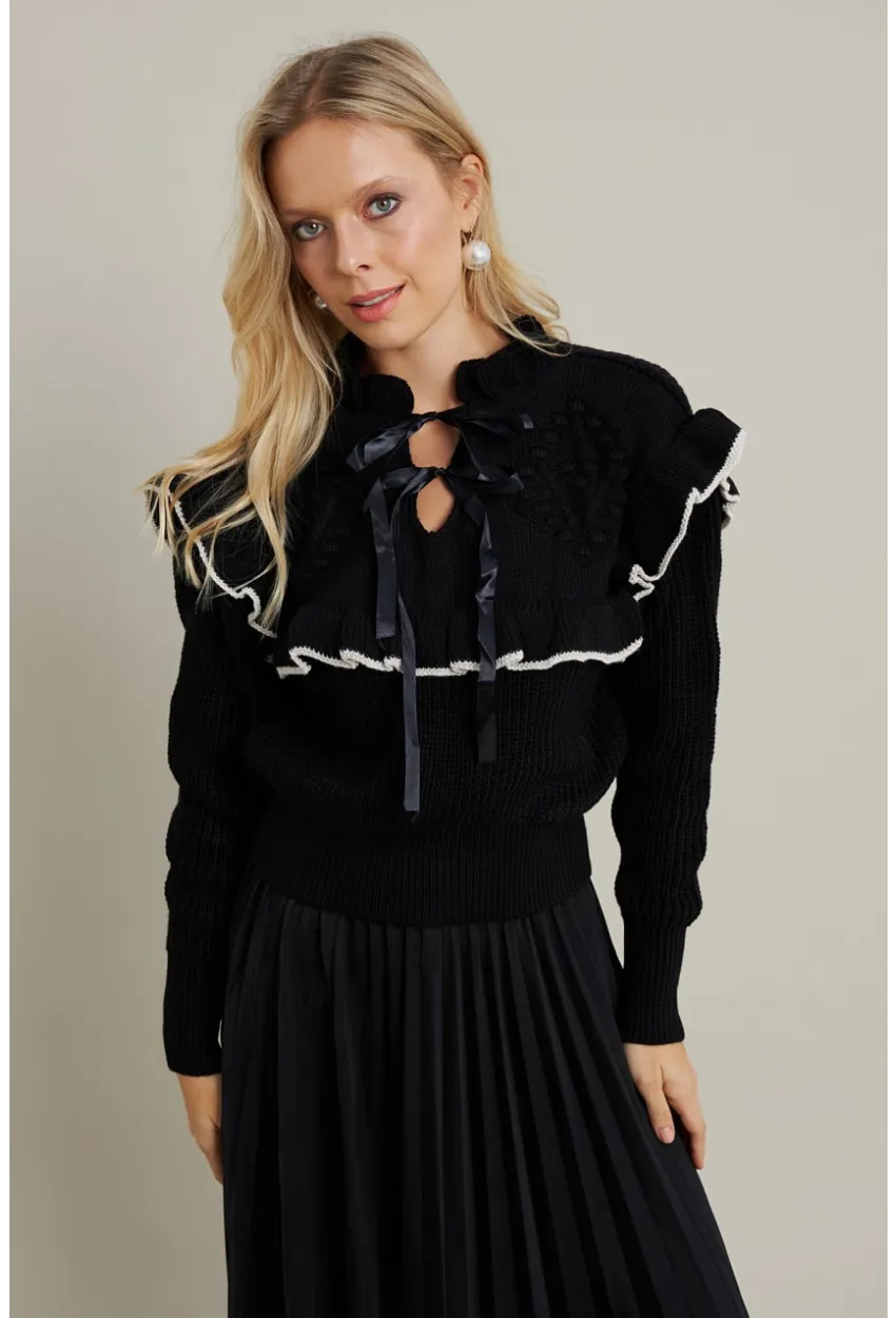 Kadın Siyah-Taş Fırfırlı Triko Bluz MQS1018