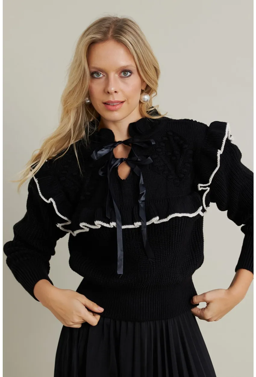 Kadın Siyah-Taş Fırfırlı Triko Bluz MQS1018