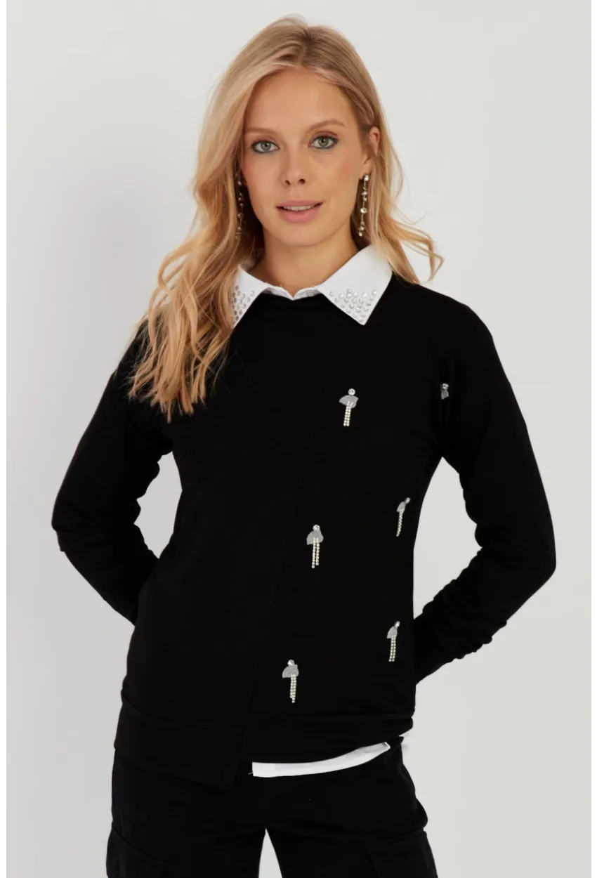 Kadın Siyah Taşlı Bluz ST6024