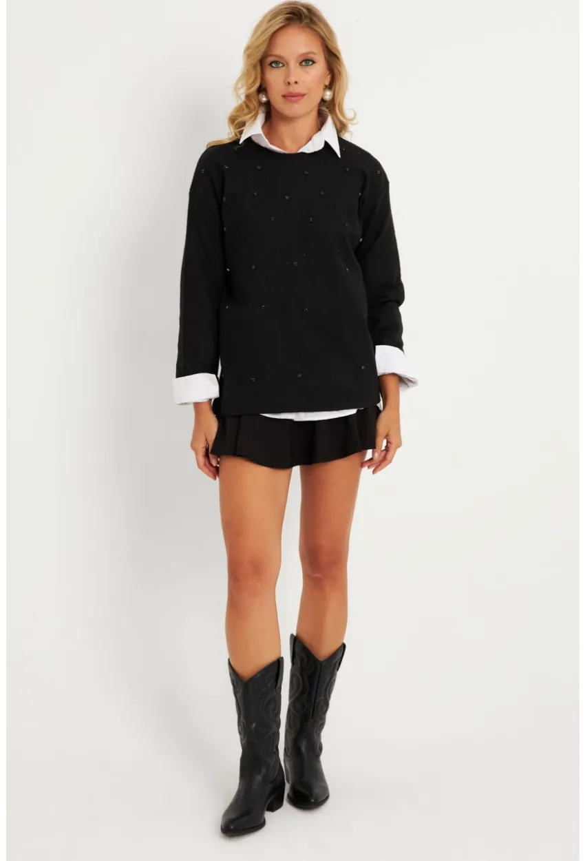 Kadın Siyah Taşlı Bluz YLE41