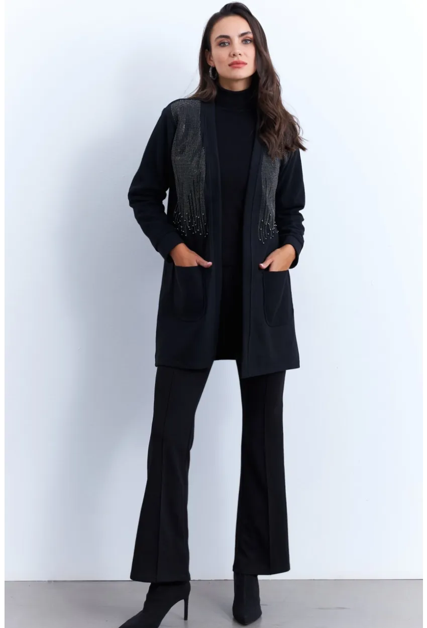 Kadın Siyah Taşlı Cepli Hırka MPK811