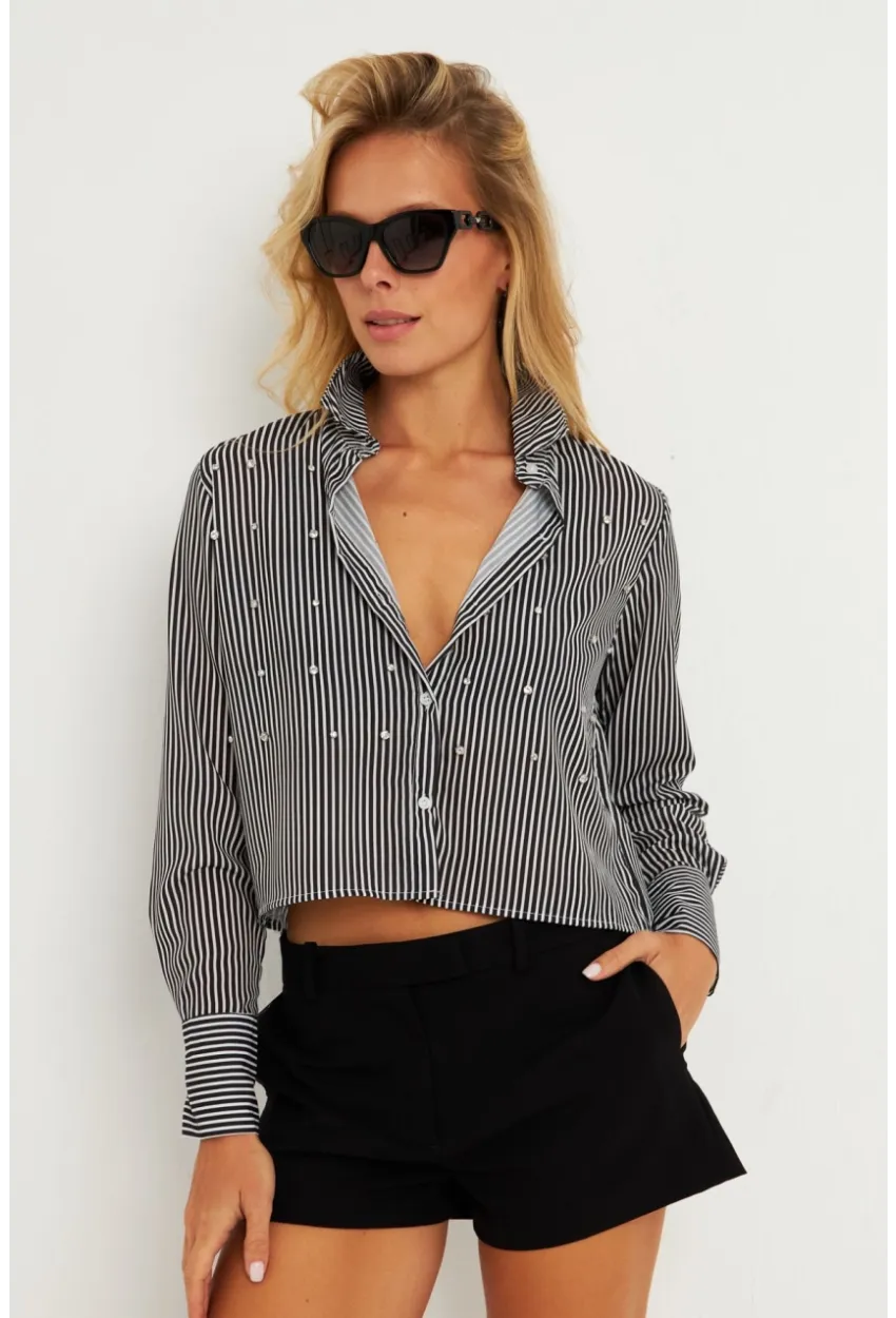 Kadın Siyah Taşlı Çizgili Kısa Gömlek ZER407