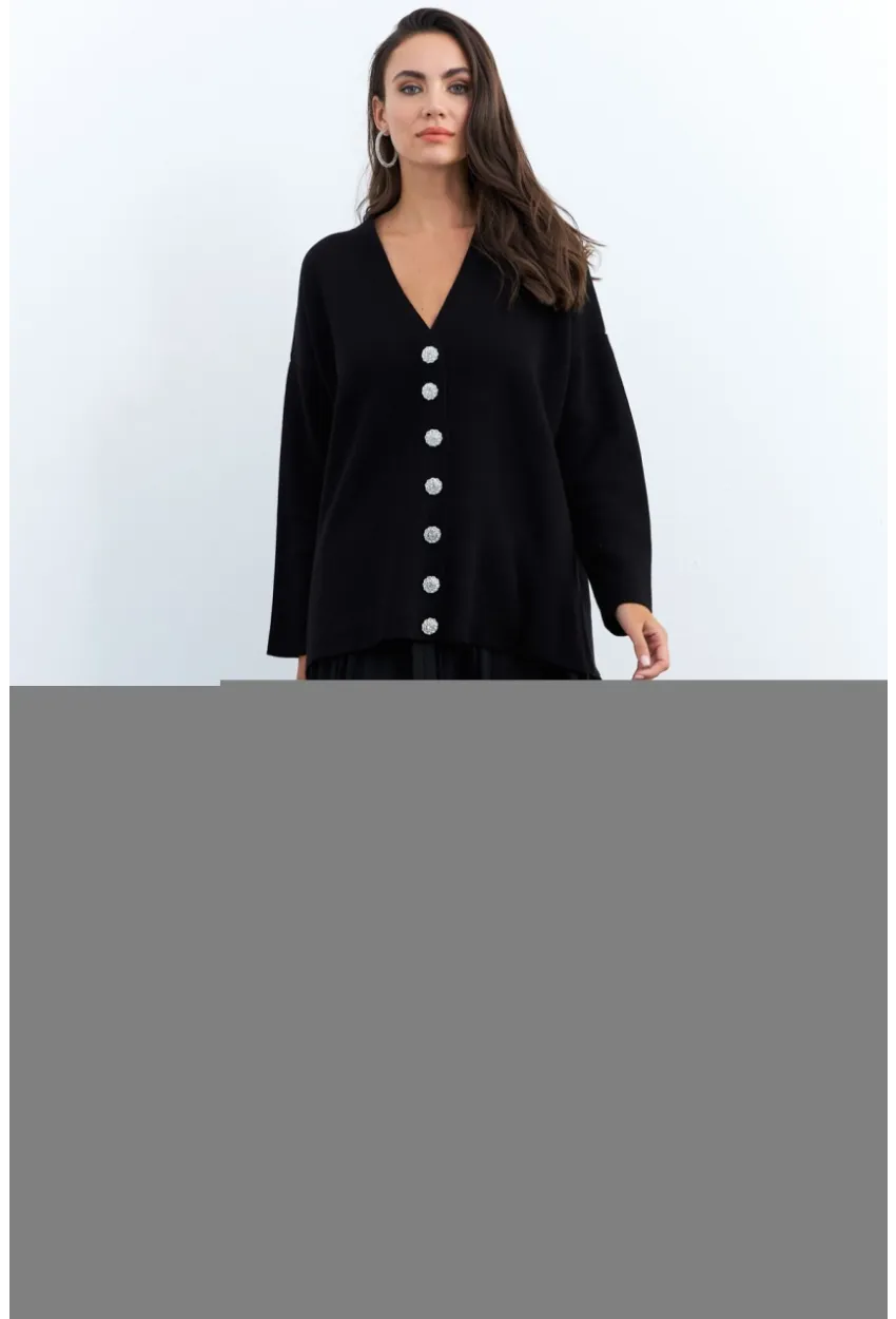 Kadın Siyah Taşlı Düğmeli Hırka MİW4572