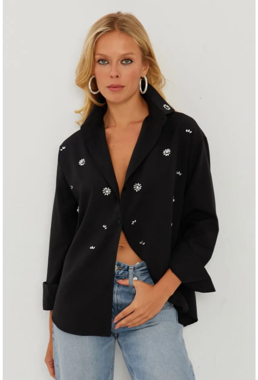 Kadın Siyah Taşlı Gömlek SF2550