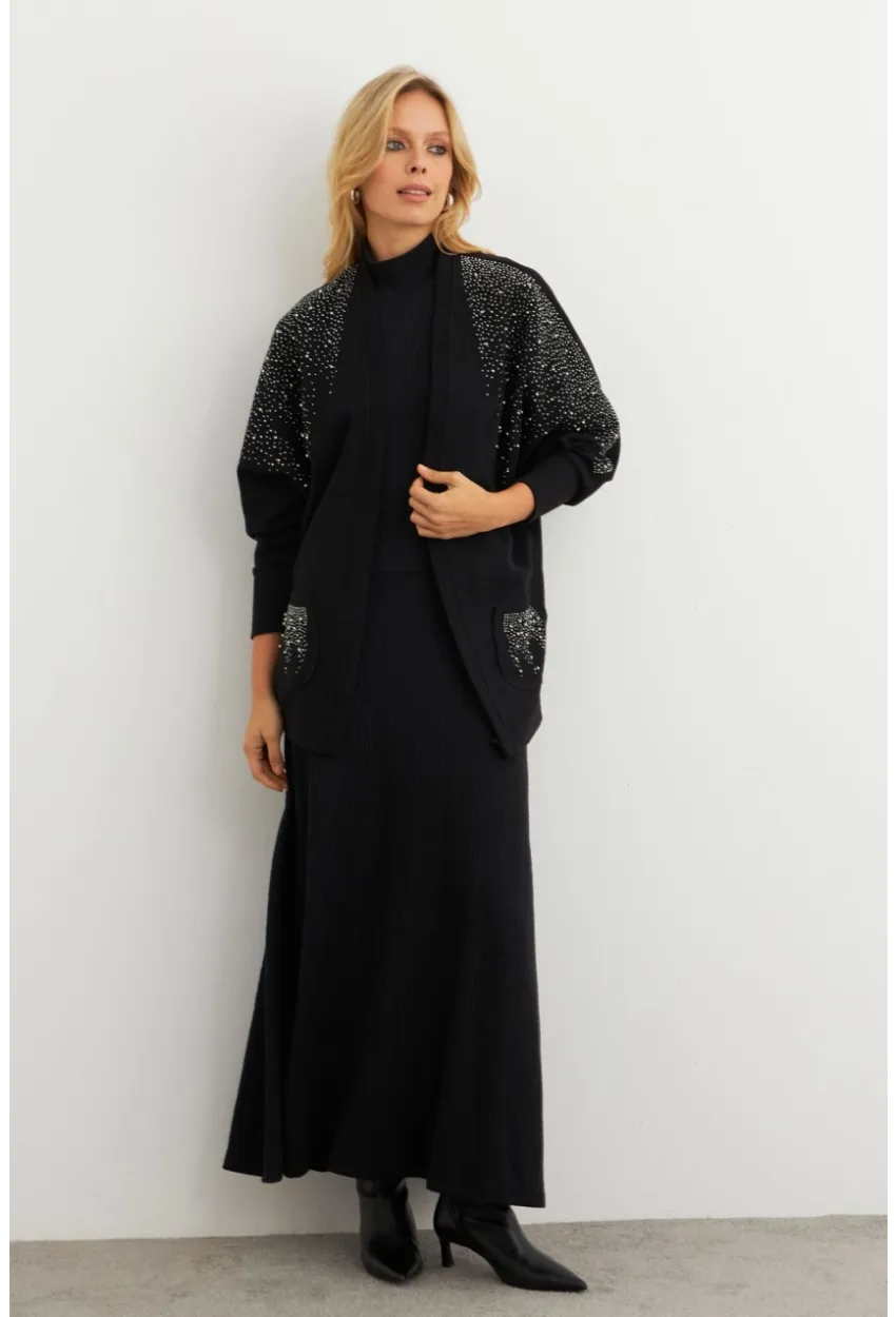 Kadın Siyah Taşlı Hırka MPK813