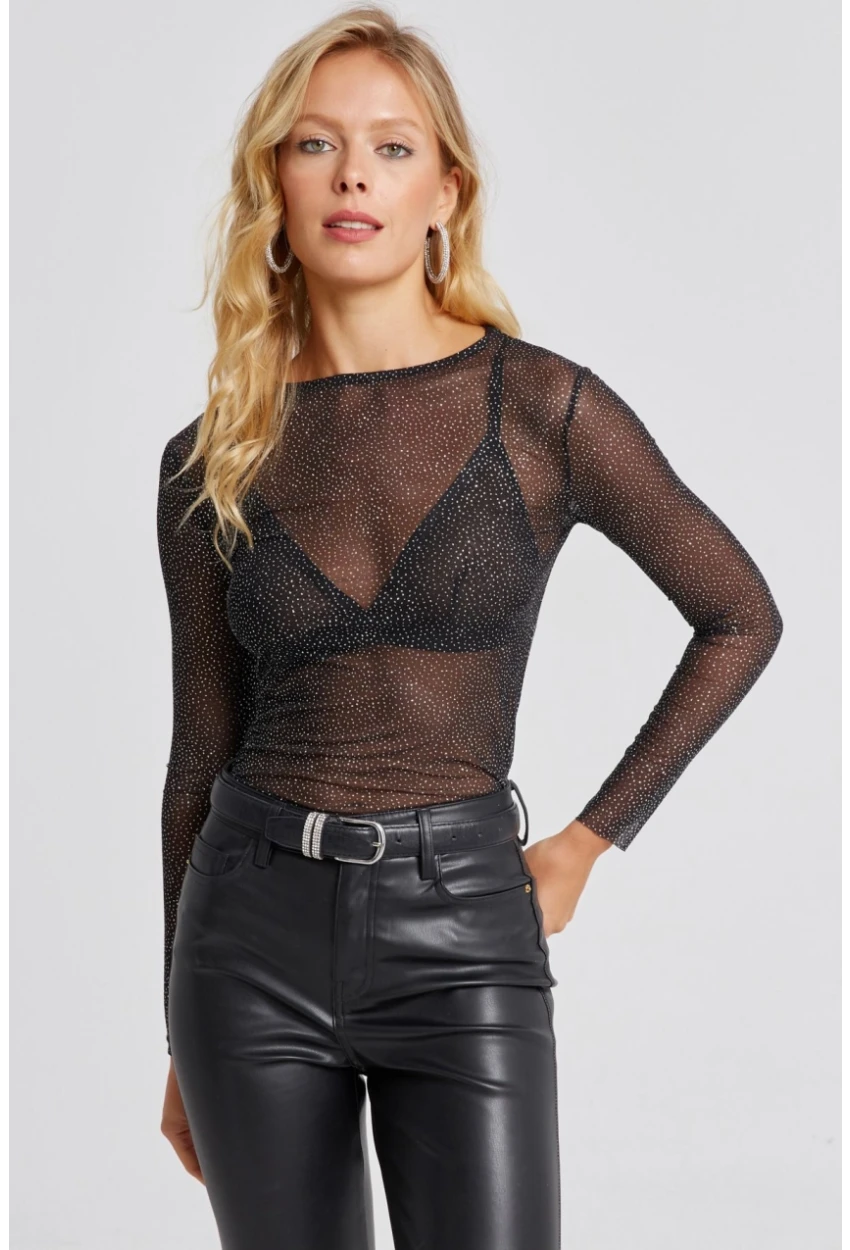 Kadın Siyah Taşlı Tül Bluz LPP1249