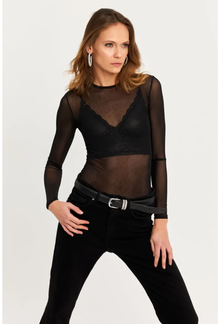 Kadın Siyah Taşlı Tül Body KED2116