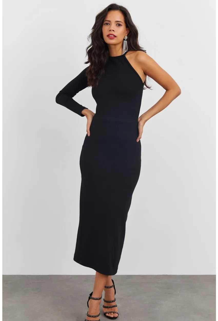 Kadın Siyah Tek Kol Kaşkorse Elbise EY1521