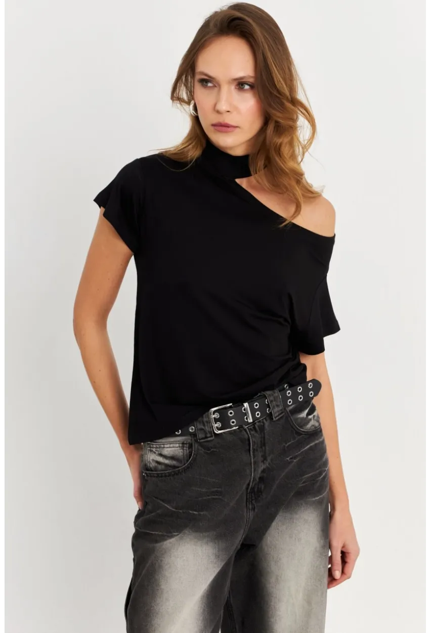 Kadın Siyah Tek Omuz Açık Bluz LPP1300