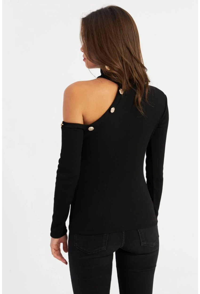 Kadın Siyah Tek Omuz Açık Kaşkorse Balıkçı Bluz EY2947