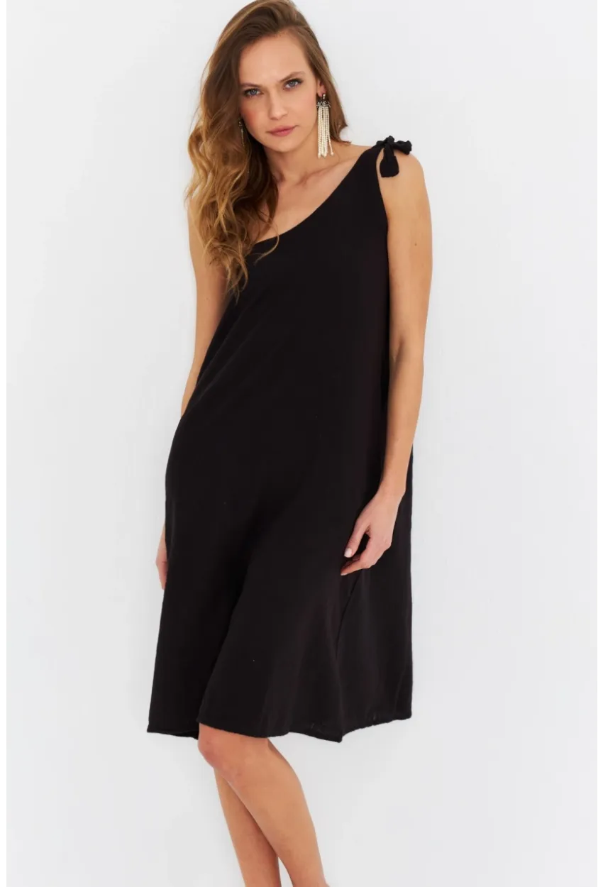 Kadın Siyah Tek Omuz Asimetrik Yaka Midi Elbise PC10813