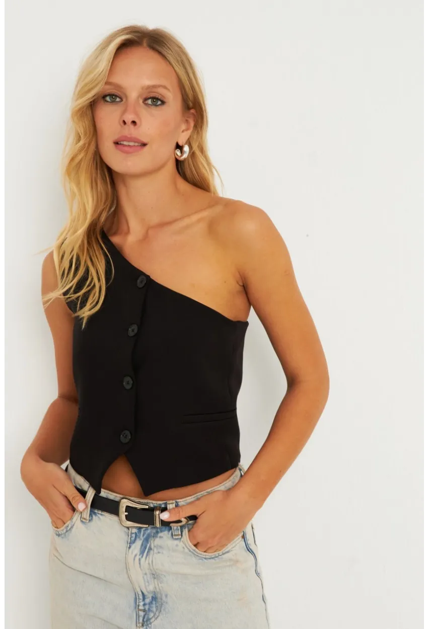 Kadın Siyah Tek Omuz Astarlı Yelek TW60140