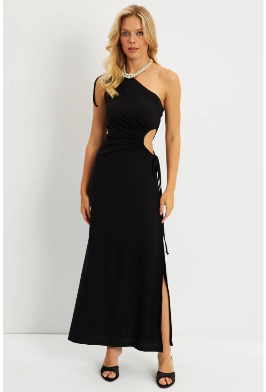 Kadın Siyah Tek Omuz Bürümcük Midi Elbise EY2786