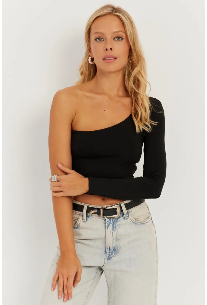Kadın Siyah Tek Omuz Crop Bluz CY445
