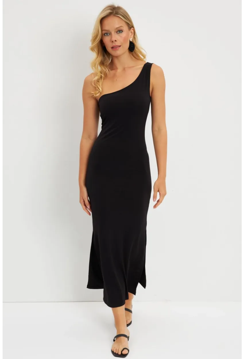 Kadın Siyah Tek Omuz Midi Elbise DMR284