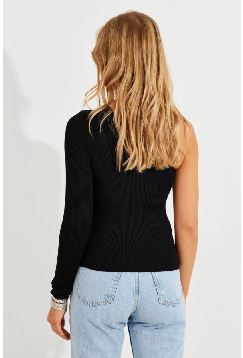 Kadın Siyah Tek Omuz Triko Bluz YV204