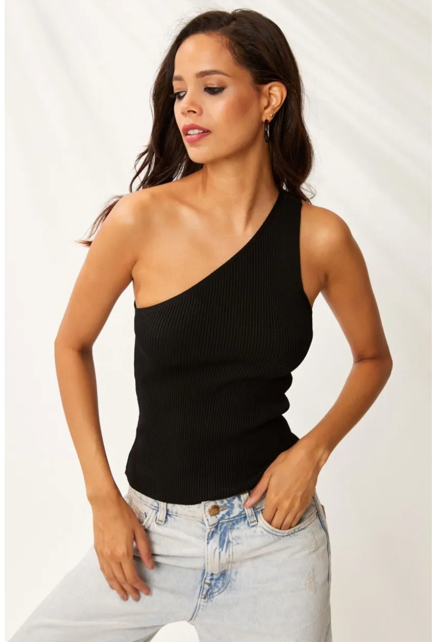 Kadın Siyah Tek Omuz Triko Bluz YV90