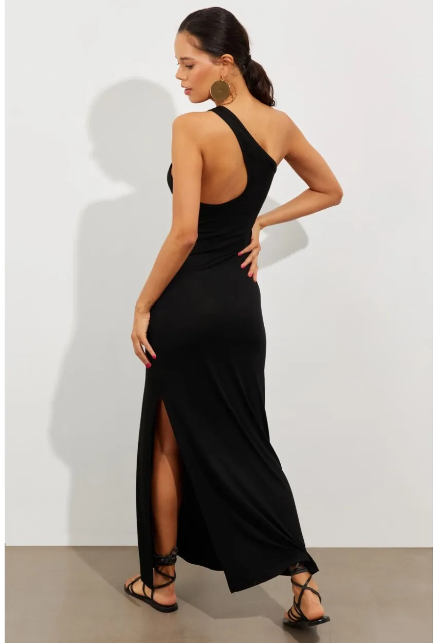 Kadın Siyah Tek Omuz Yırtmaçlı Maxi Elbise EY2498