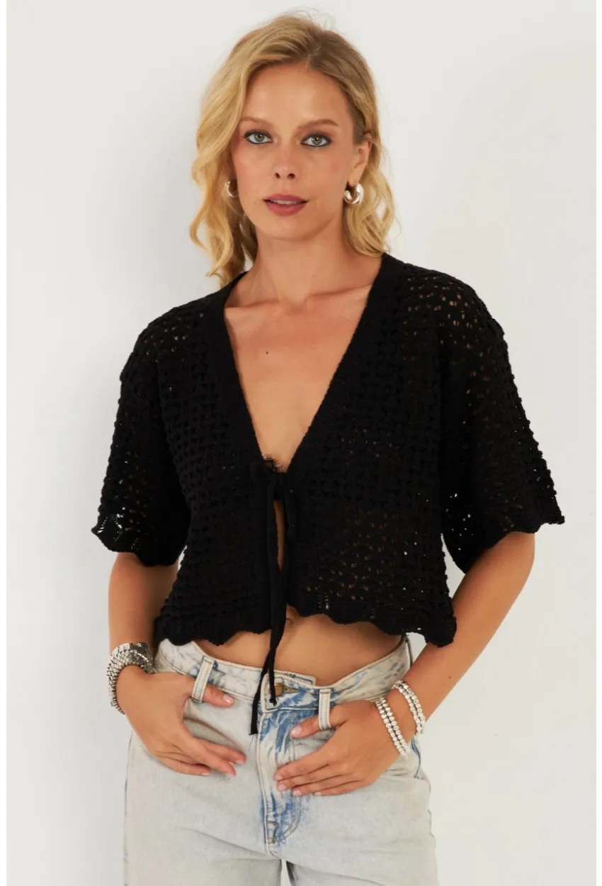 Kadın Siyah Triko Ajurlu Hırka YV255