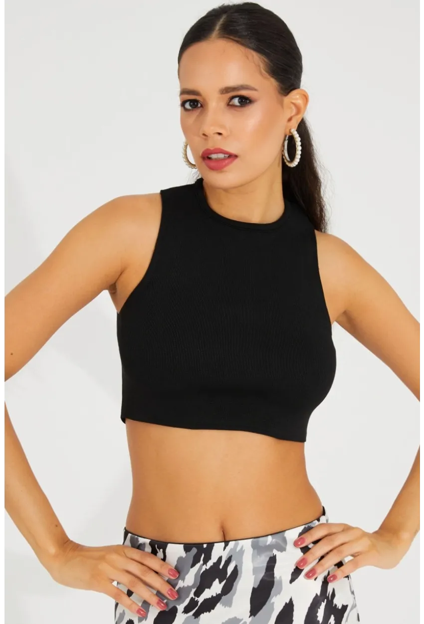 Kadın Siyah Triko Crop Triko Bluz KZ2447