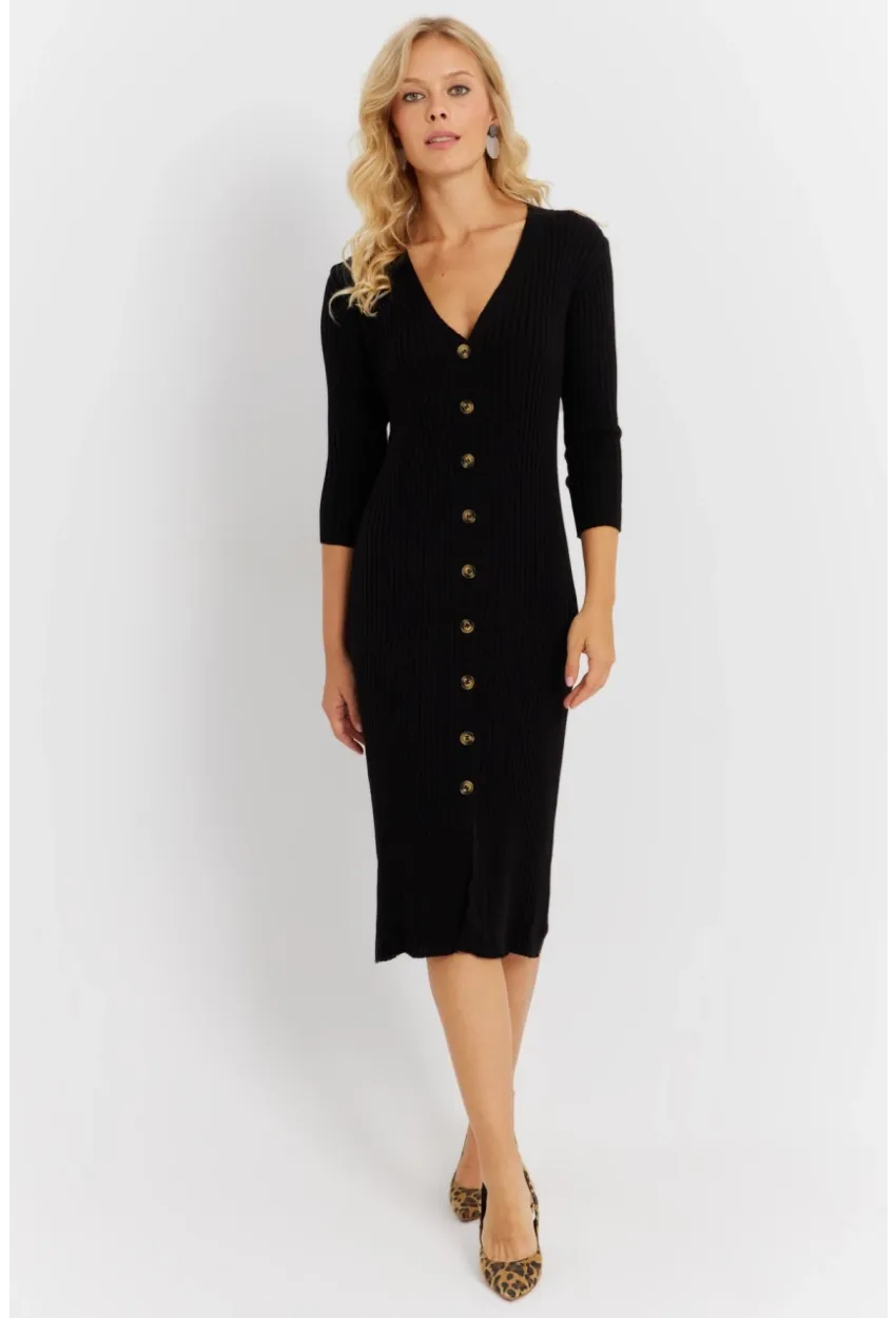 Kadın Siyah Triko Midi Gömlek Elbise YV274