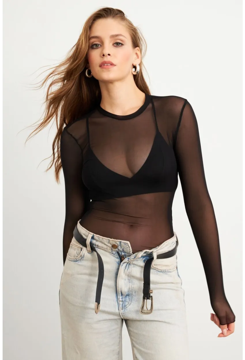 Kadın Siyah Tül Body RX454