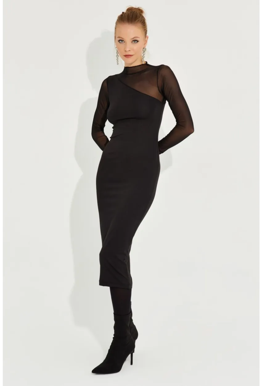 Kadın Siyah Tül Detaylı Asimetrik Midi Elbise MEY2601