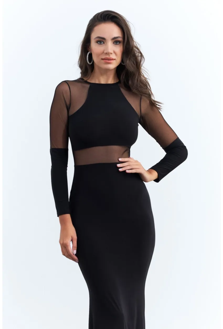 Kadın Siyah Tül Detaylı Midi Elbise ELT3834