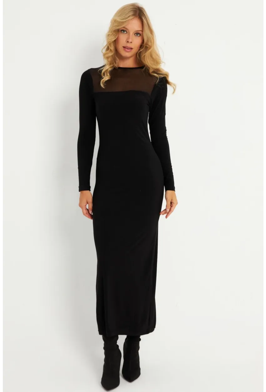 Kadın Siyah Tül Detaylı Midi Elbise LİK06