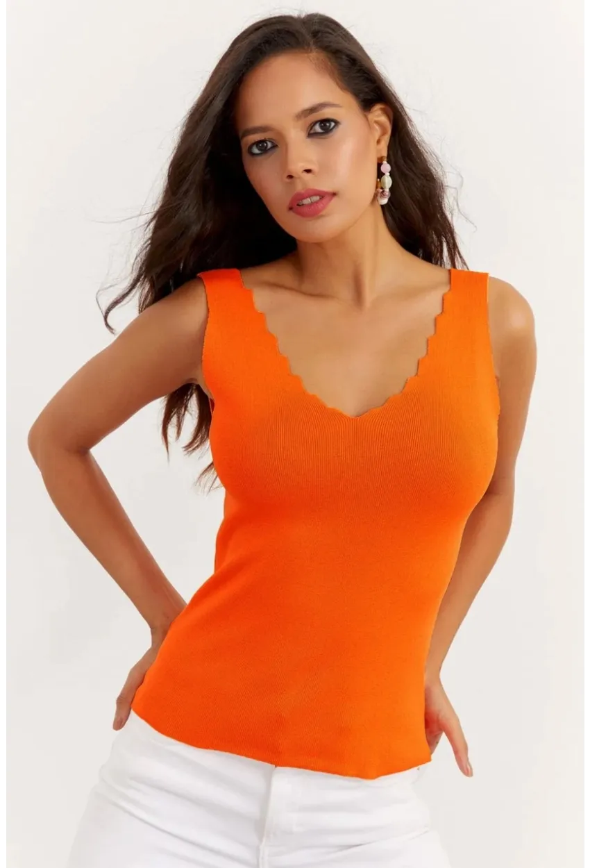 Kadın Siyah-Turuncu İkili Merdiven Yaka Triko Bluz YV123