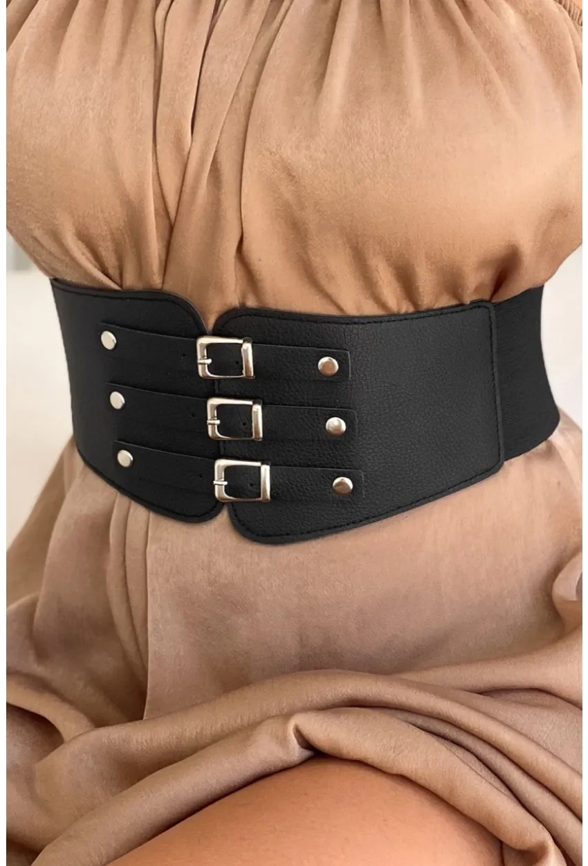 Kadın Siyah Üç Tokalı Lastikli Korse Kemer BE642