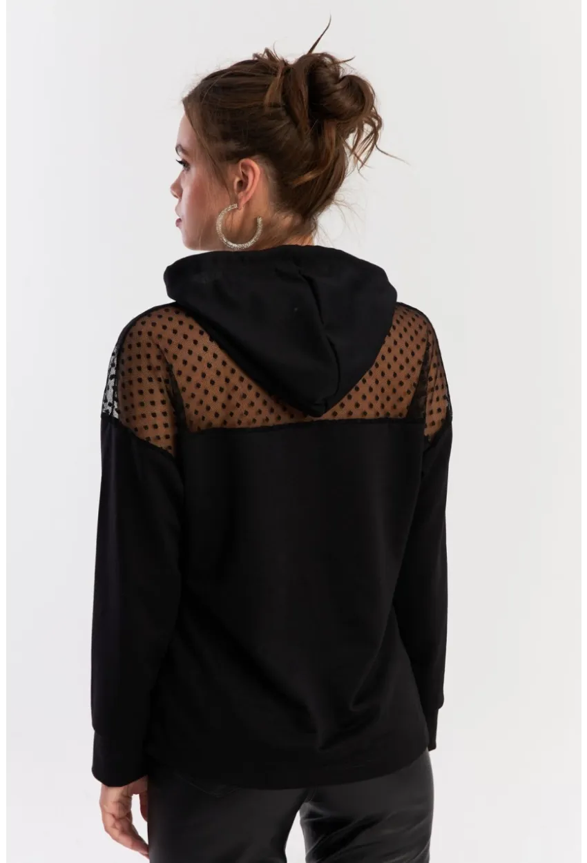 Kadın Siyah Üstü Tül Kapüşonlu Sweatshirt EY2934