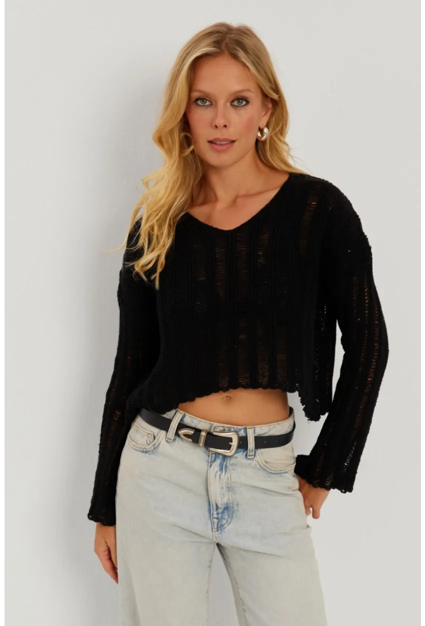 Kadın Siyah V Yaka Ajurlu Triko Bluz YV233