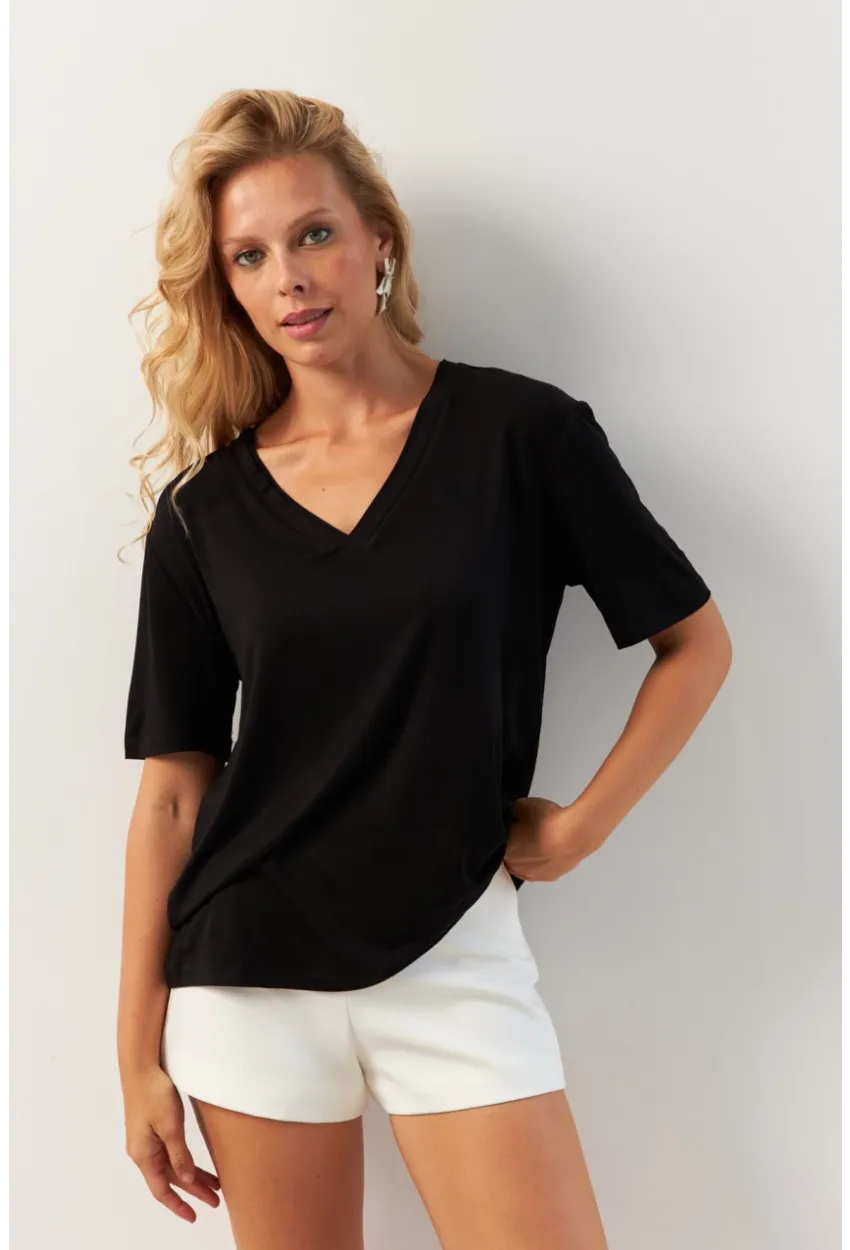 Kadın Siyah V Yaka Bluz RX441